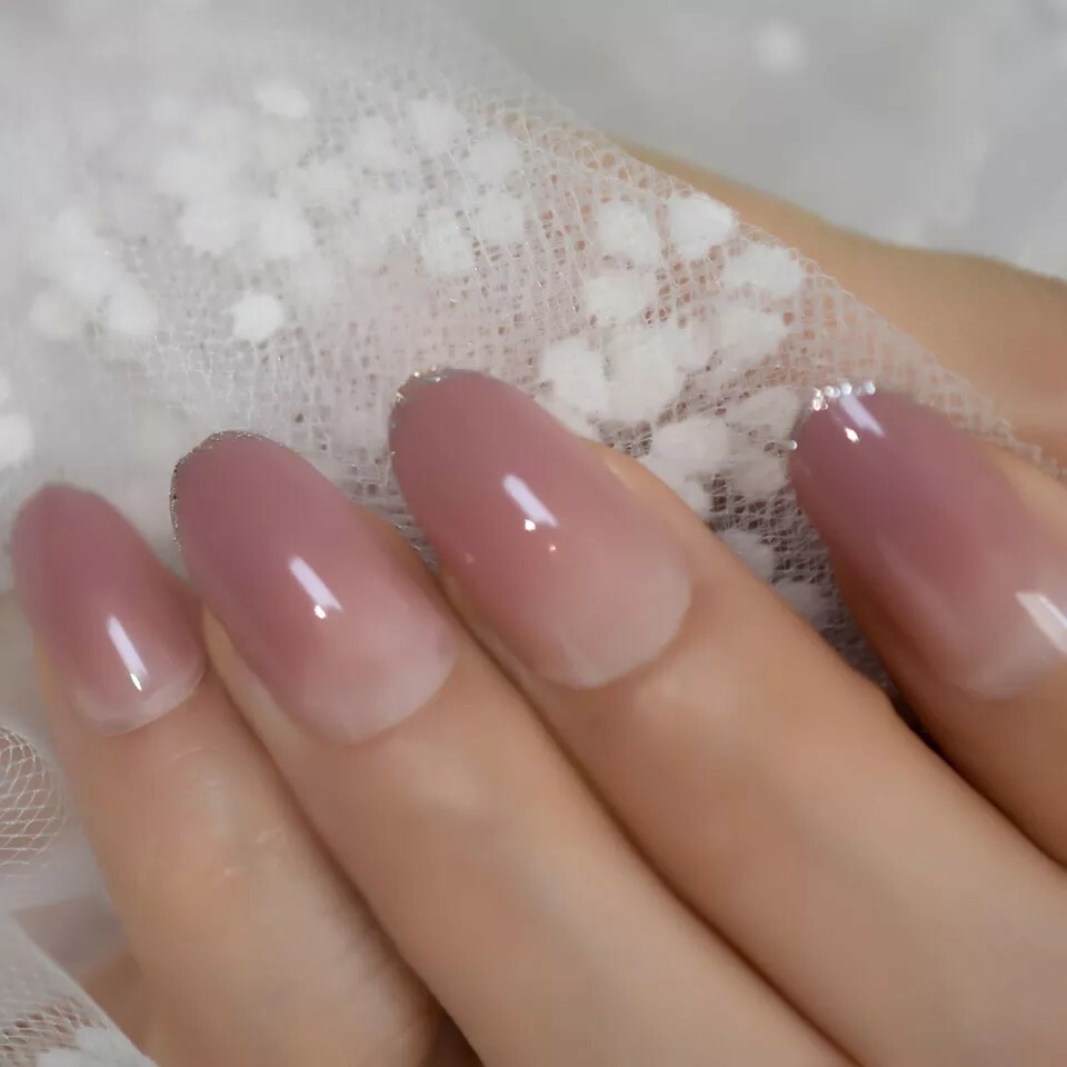 24 Ombre Tan Blush glitter rim Press On Nails oval medium almond nude free stick