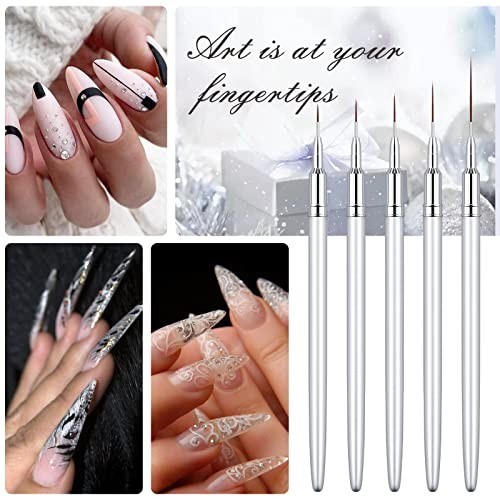 5PC Nail Art Brush Set – Long Liner, UV Gel Polish, Metal Handle, Sizes 7-25mm