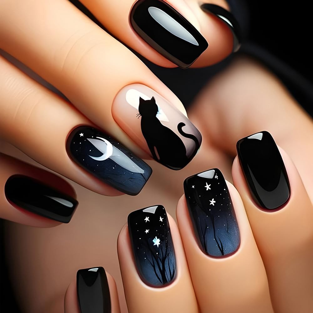 ONPRESS 24Pcs Black Press on Nail Medium Square Fake Nails with Multicolor