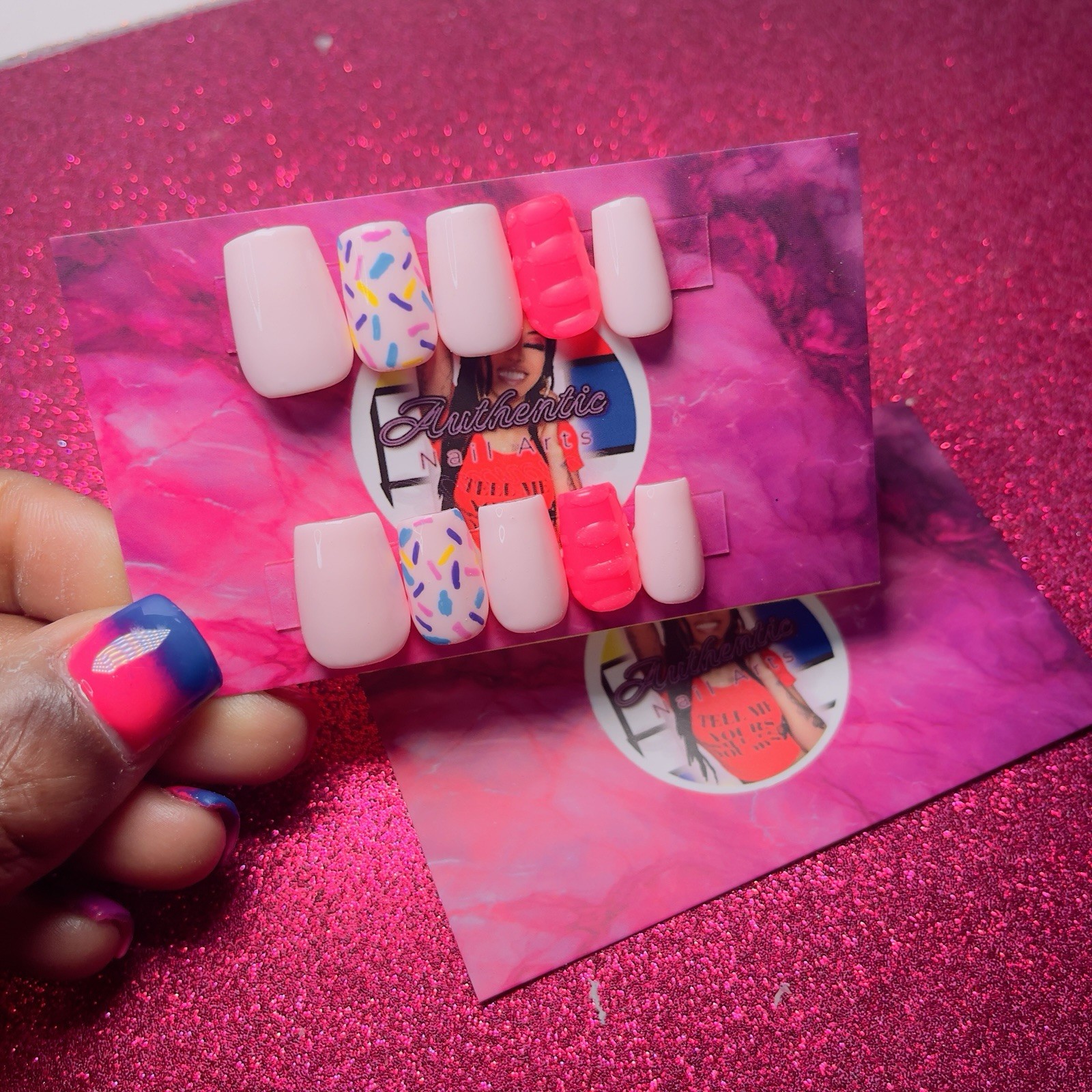 Square Press-On Nails Pink Neon Sprinkles Shiny by Authentic Nail Arts by Dia