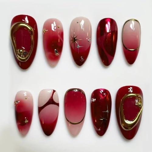 30Pcs Dark Red Press on Nails Almond Short Fake Nails Metal Dark Red Star