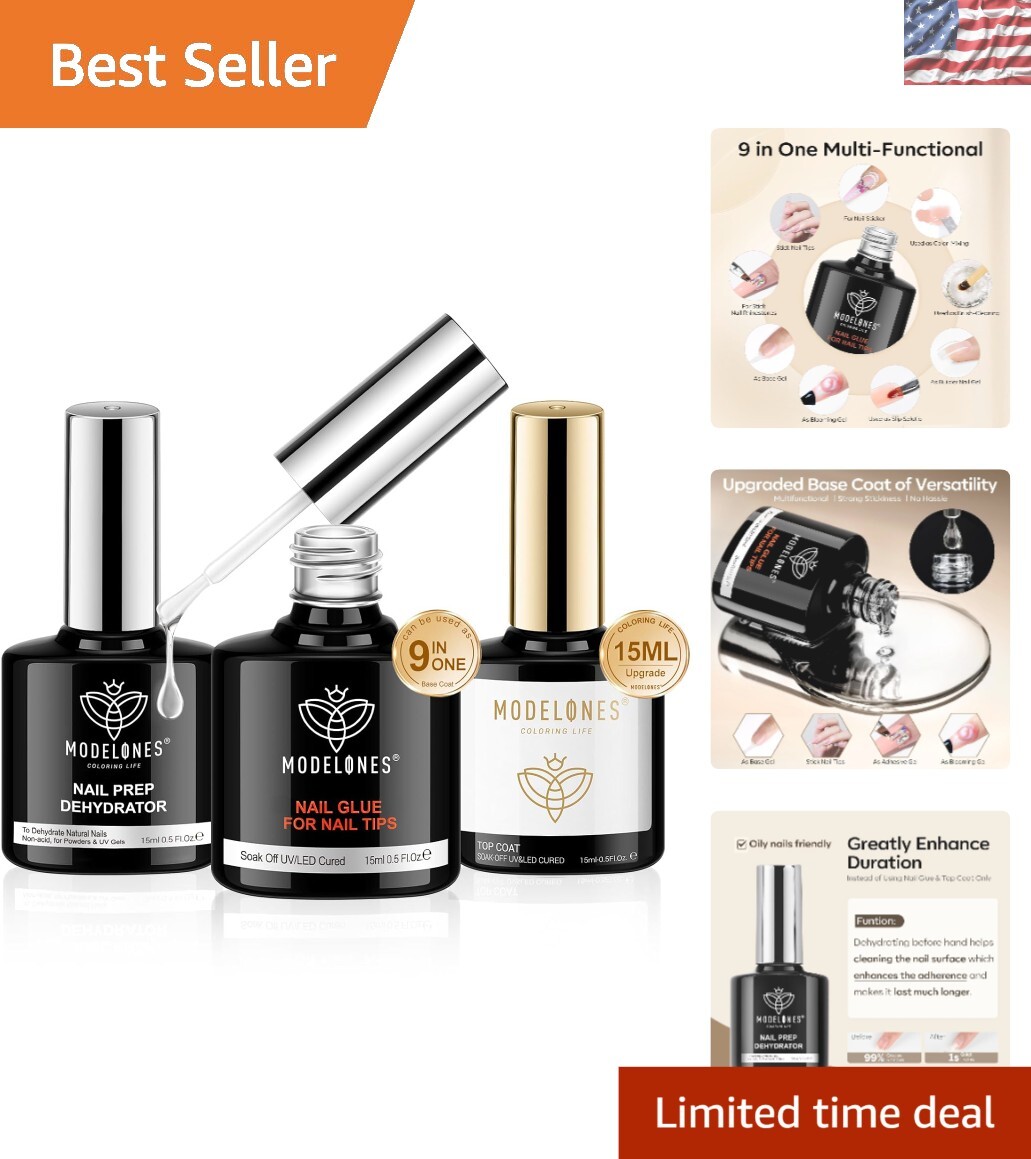 Ultimate 3 PCS Nail Art Kit: 15ml Nail Glue, No Wipe Glossy Top Coat & More