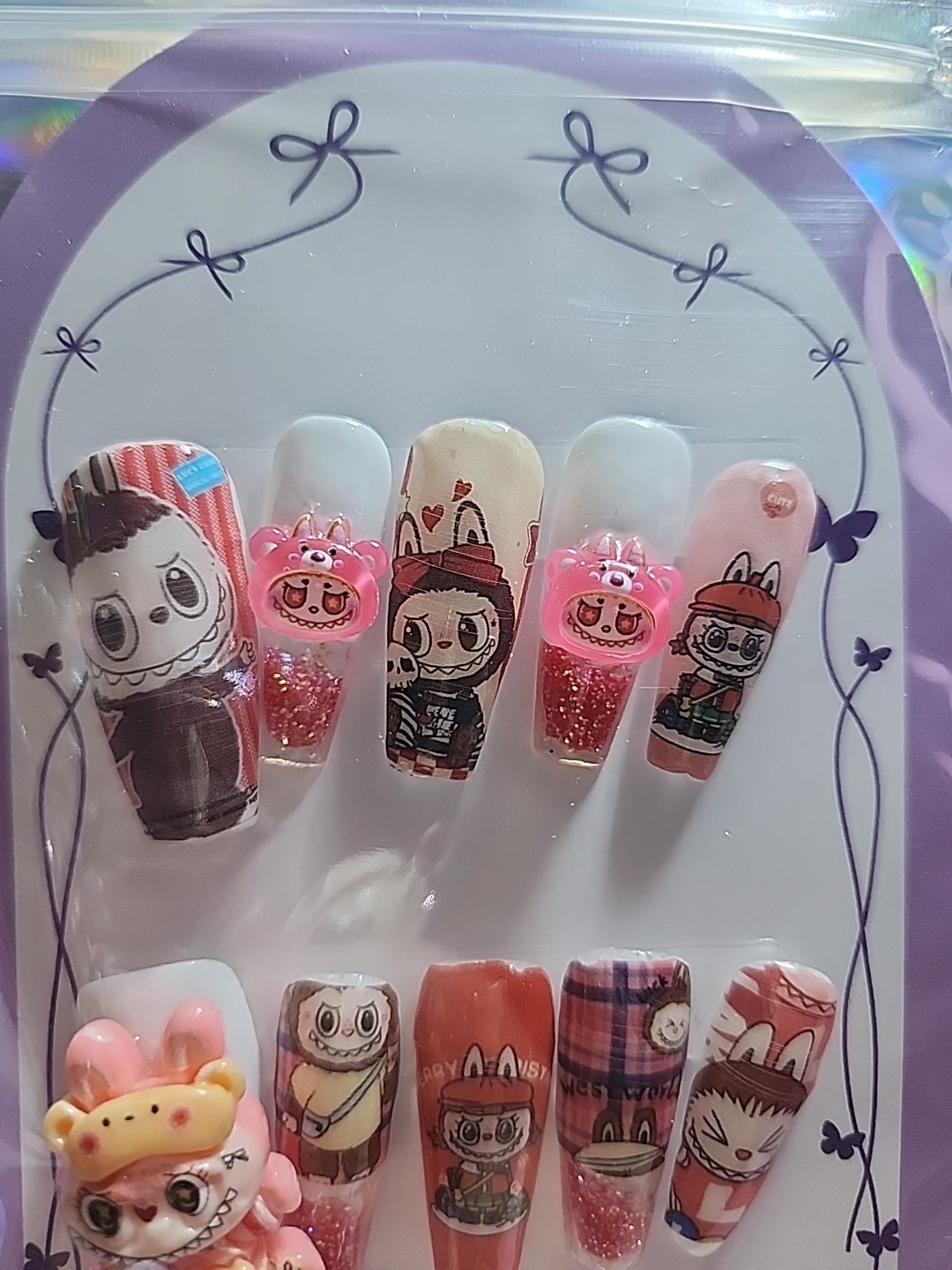 Press On Nails Large Coffin Pink Labubu With Waternails