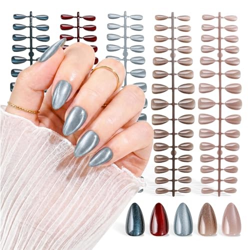 150 Pcs Cat Eye Press on Nails Almond – 5 red/pink/dark gray/navy blue/beige
