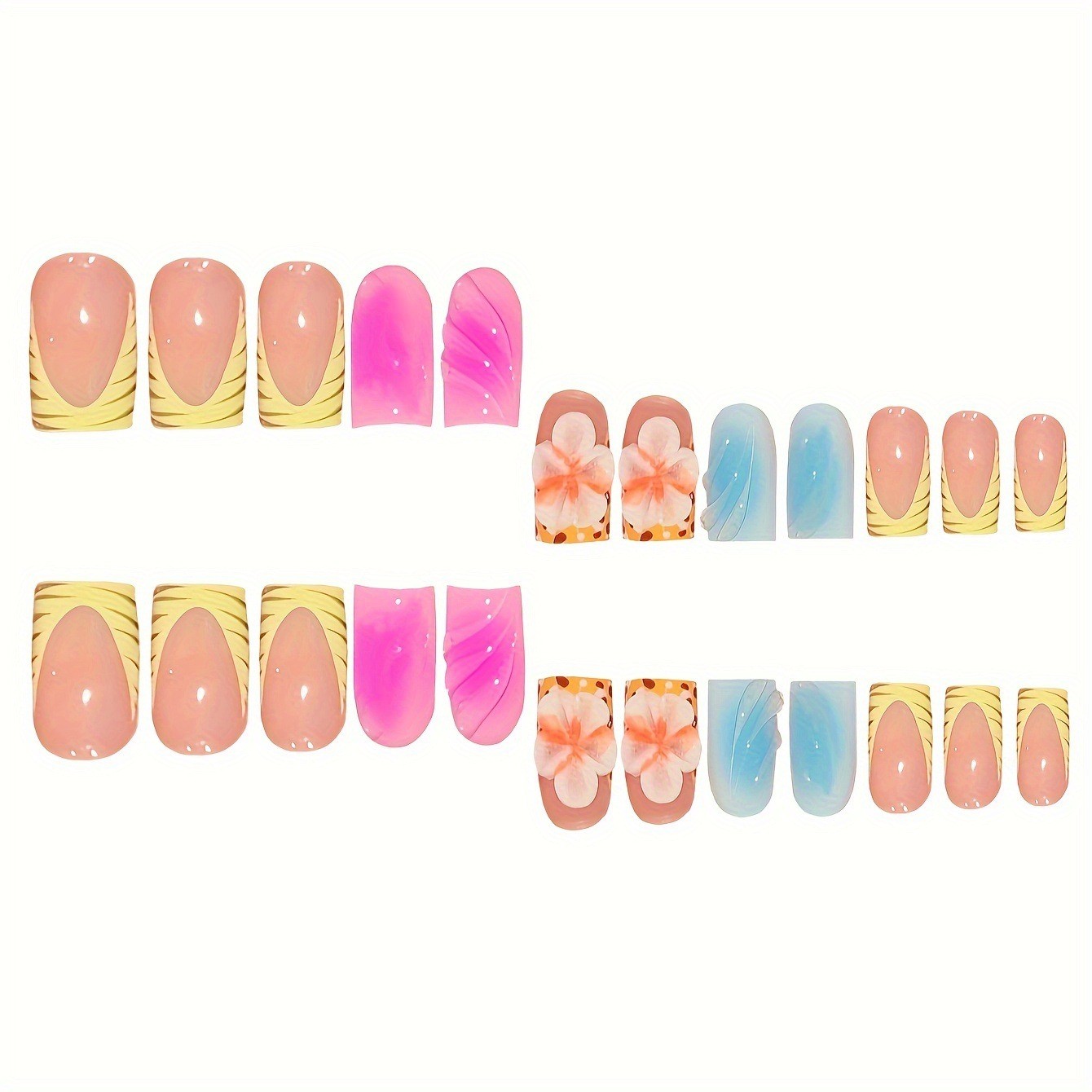 24Pcs Rainbow Gradient 3D Flower Press On Nails Bright Colorful Design