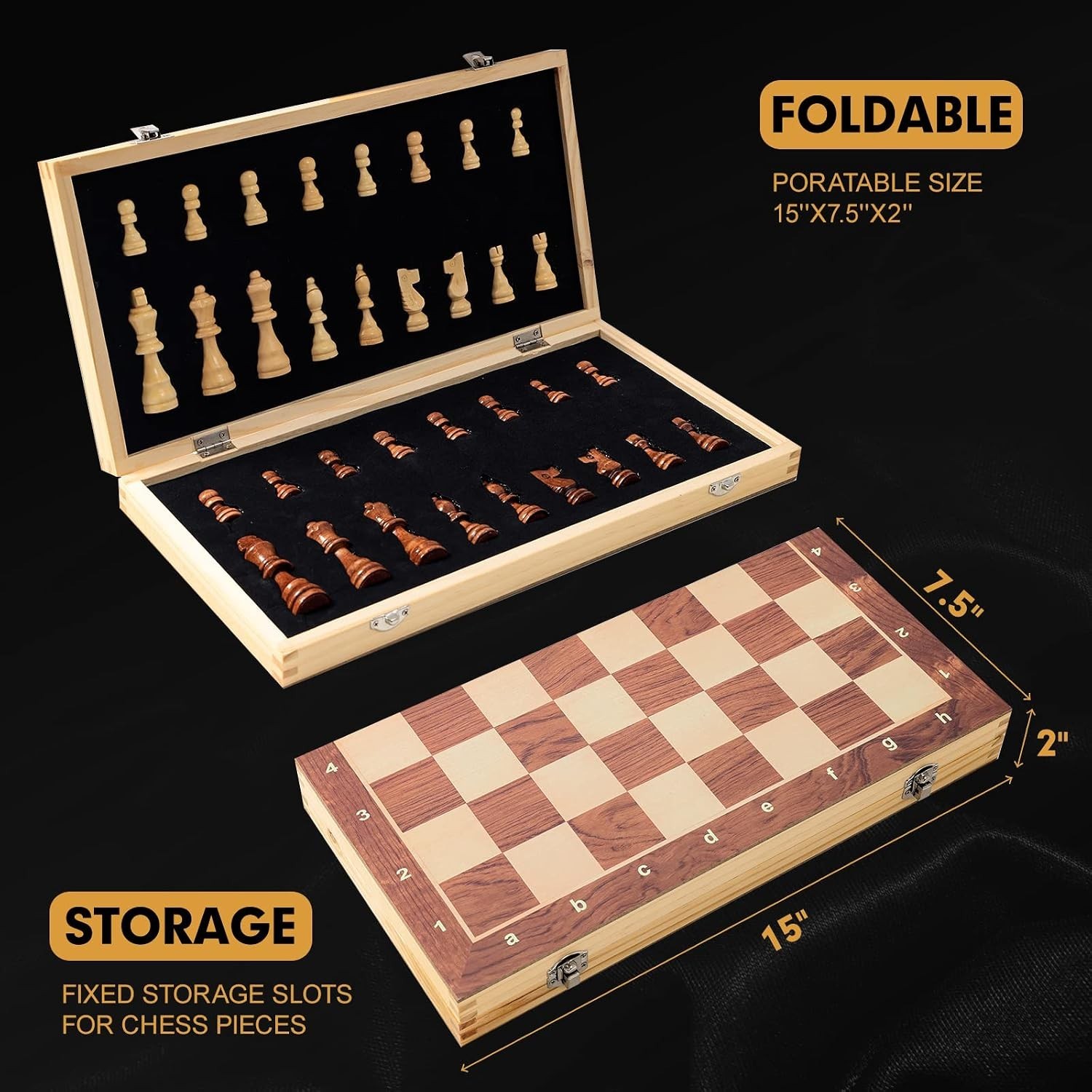 15″ Magnetic Wooden Folding Chess Set with Storage & 2 Extra Queens for Adults