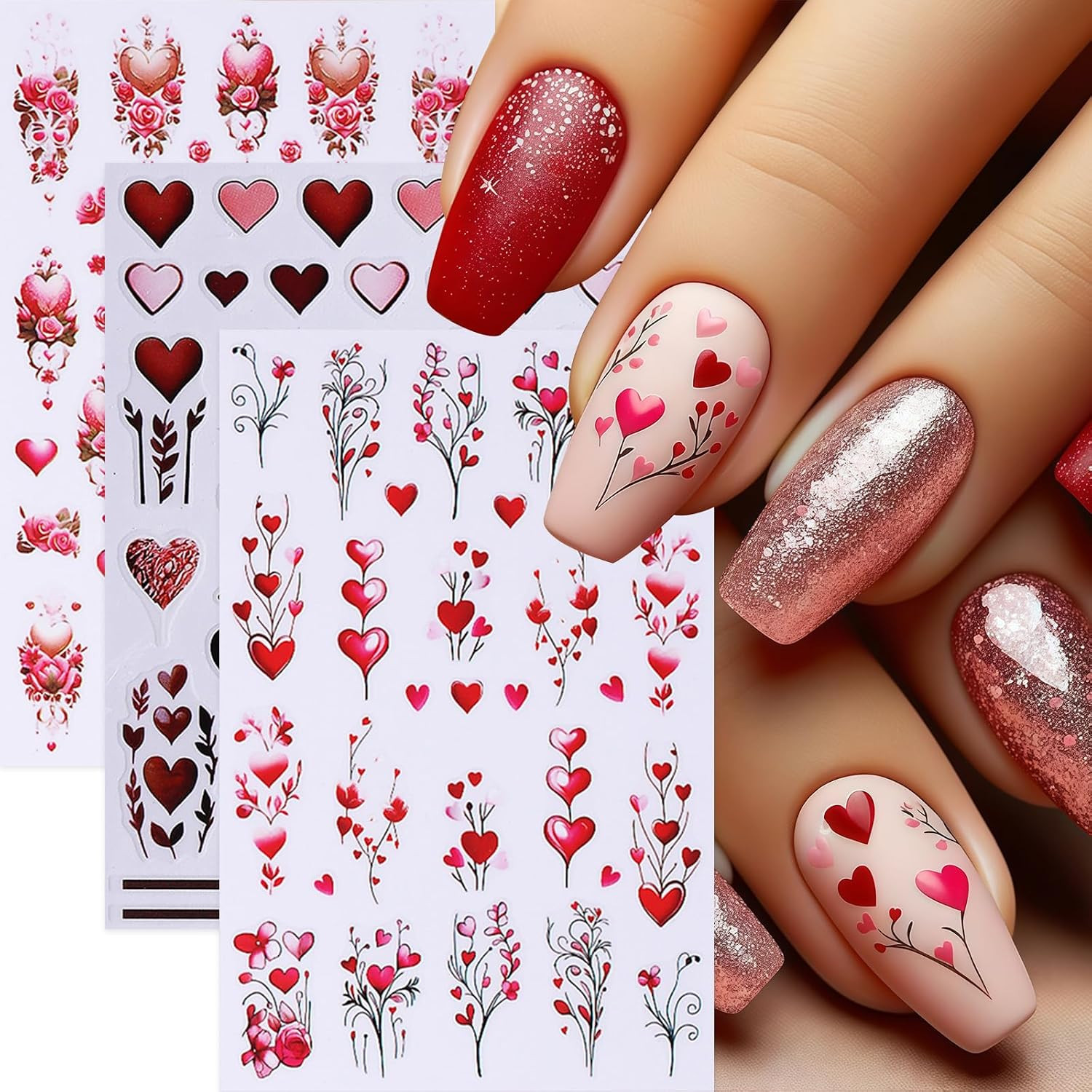 6 Pcs Valentines Day Nail Art Stickers Decals 3D Self-Adhesive Red Rose Love Flo