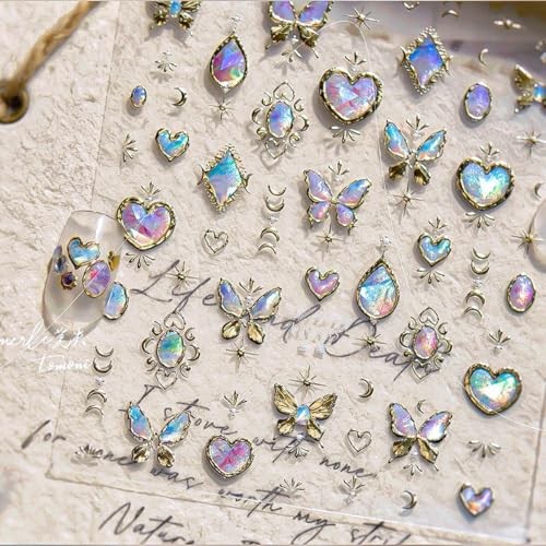 Butterfly Nail Stickers 5D Embossed Gold Laser Heart Moon Star Nail Art Style-8