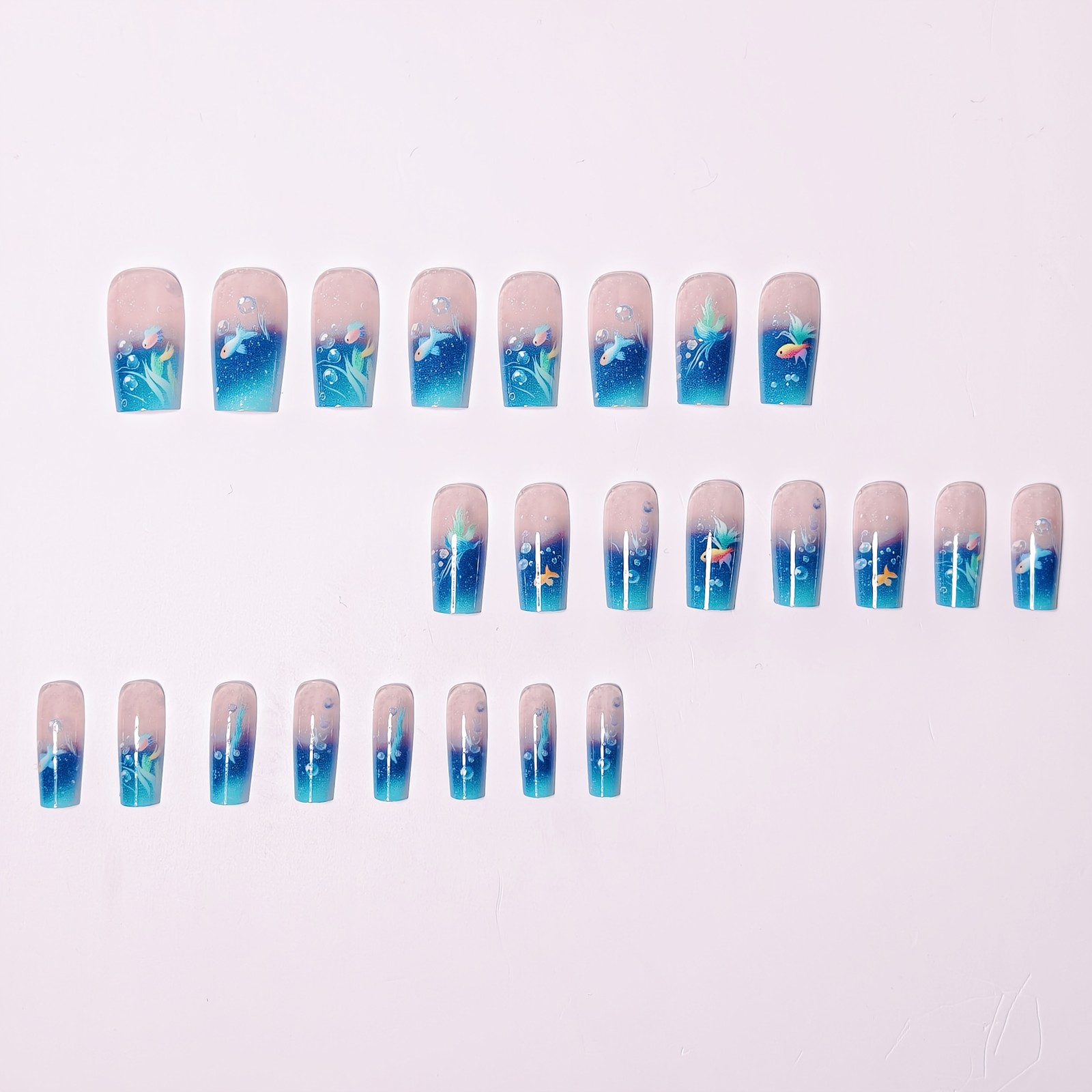 24pcs Press on Nails Goldfish Bubble Long Square Glossy Reusable Fake Nails