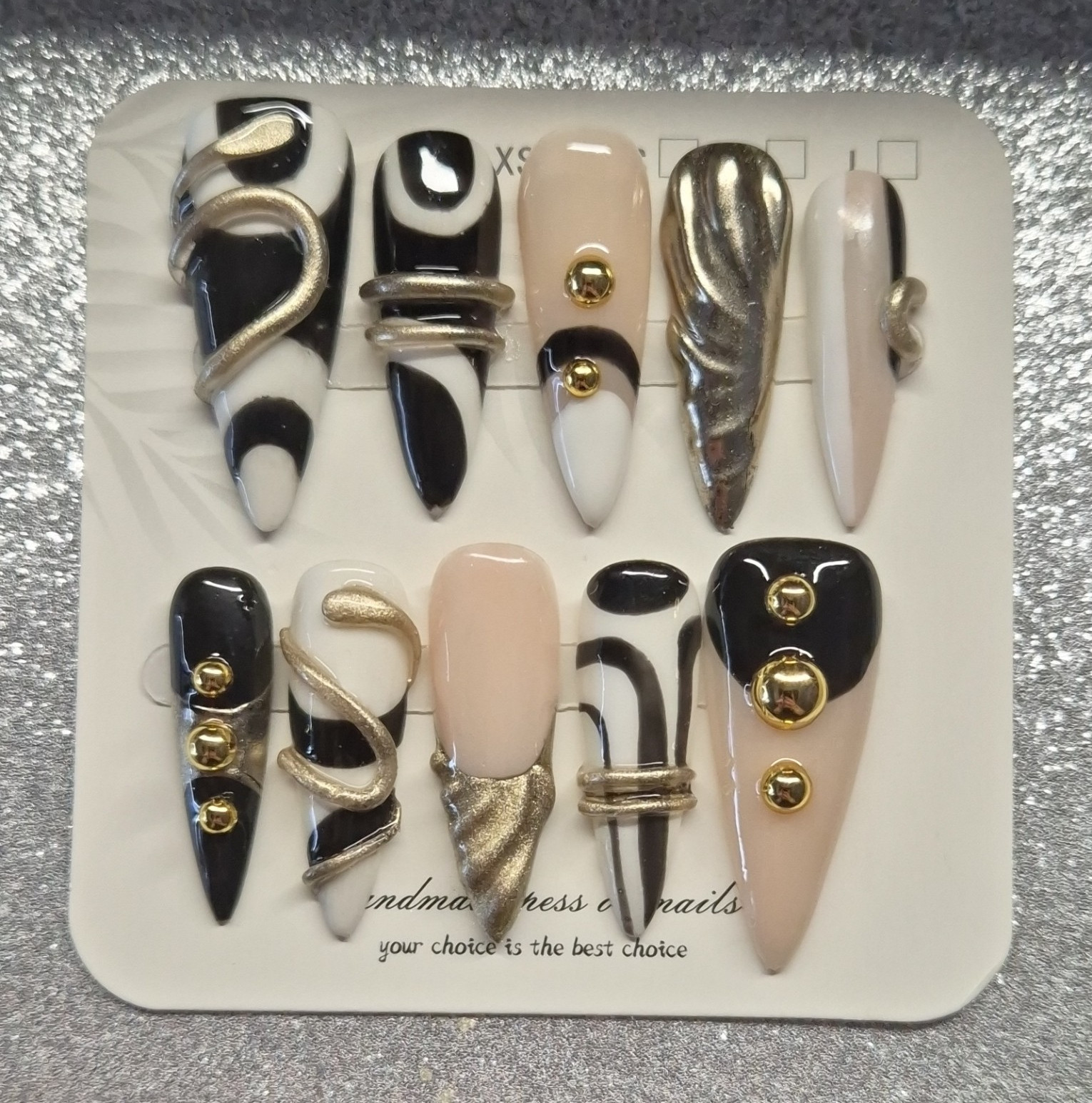 Black White Beige Gold Silver Metallic 3D Stiletto Press-On Nails Long Set