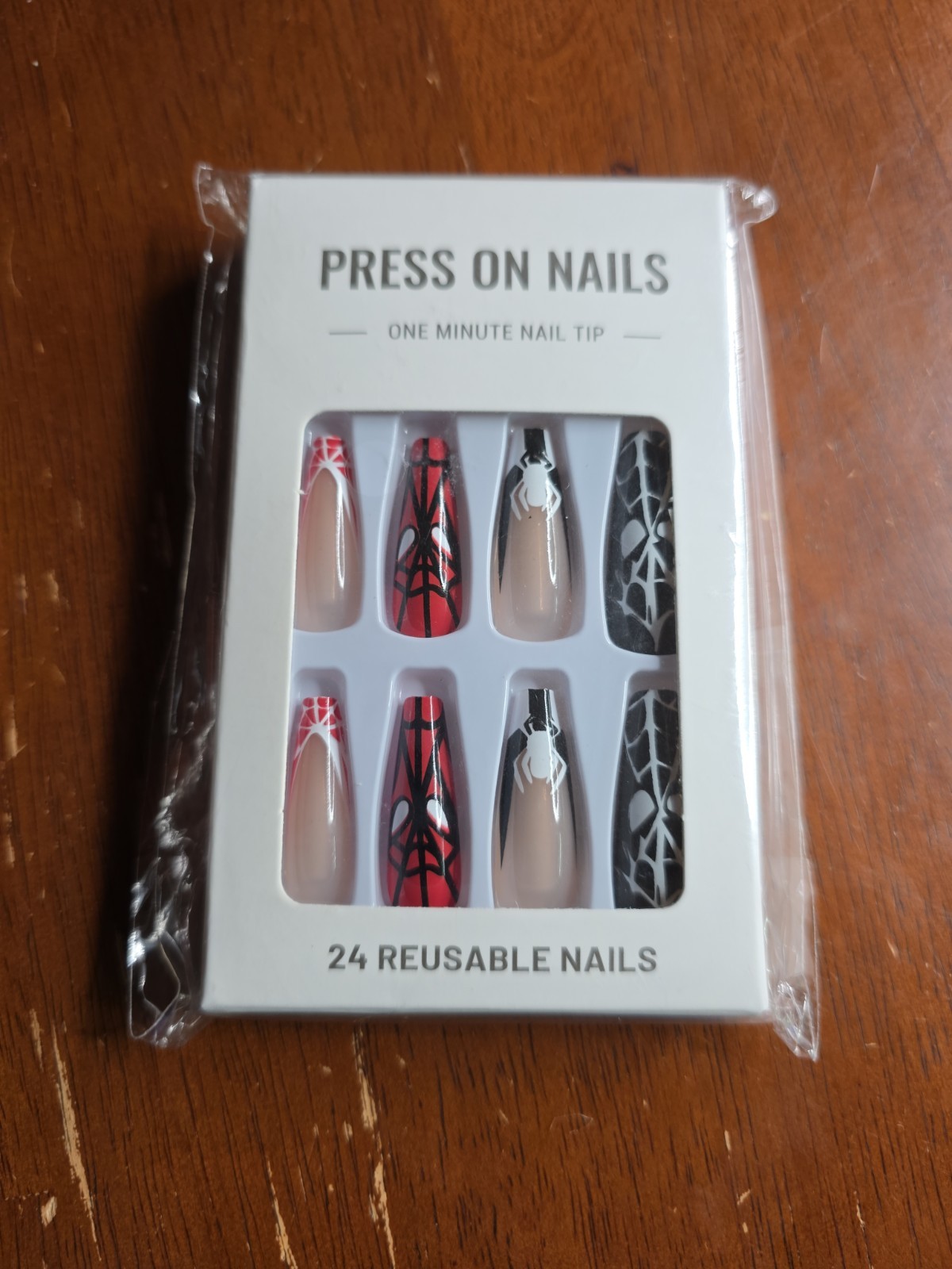 Long Coffin Black, White, & Red Spider-Man French Tip Press On Nails GM7