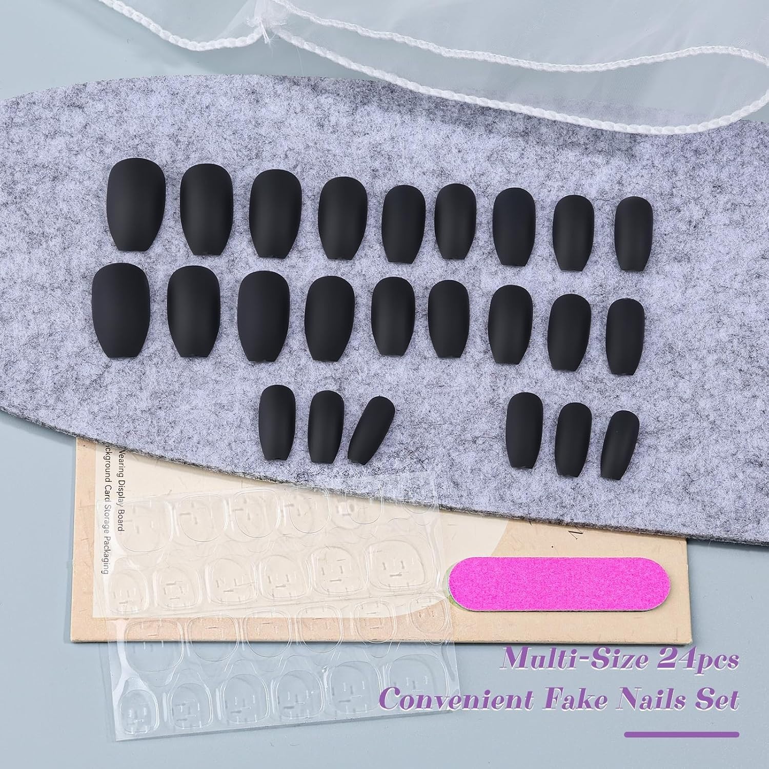 Glamorous 24PCS Acrylic False Nails – Black Matte Finish for Easy Application