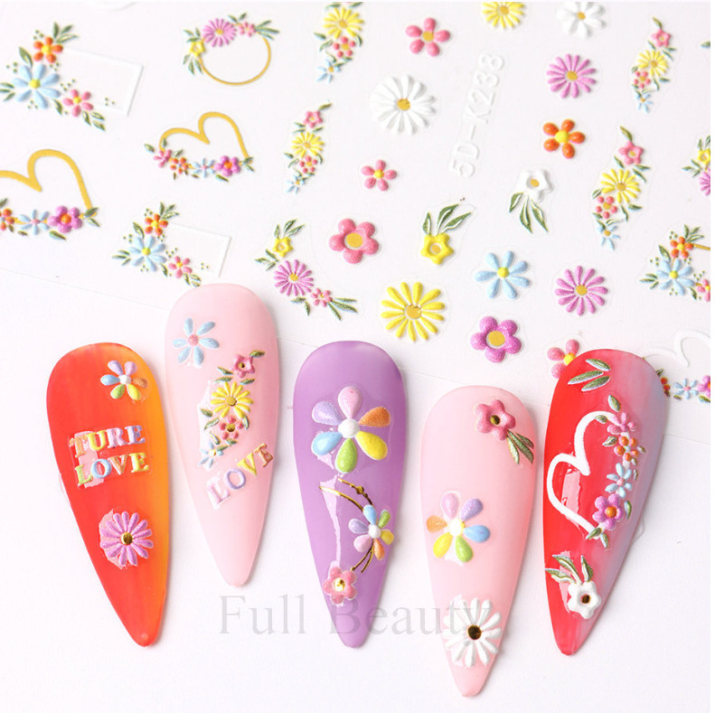 5D Embossed French Colorful Flower Love Daisy Fingers Toe Nail Art Stickers NS13