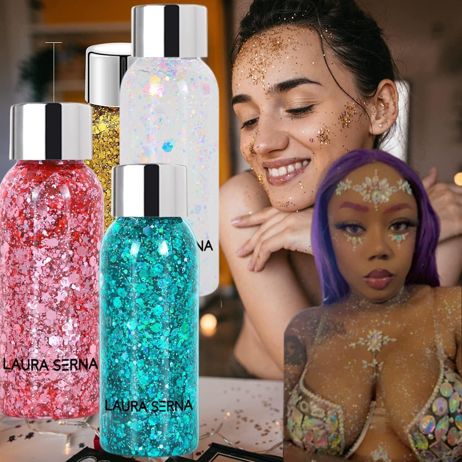 9 Pack Body Glitter Gel, Mermaid Sequin Chunky Glitter Face Hair Nail Lip Glitte