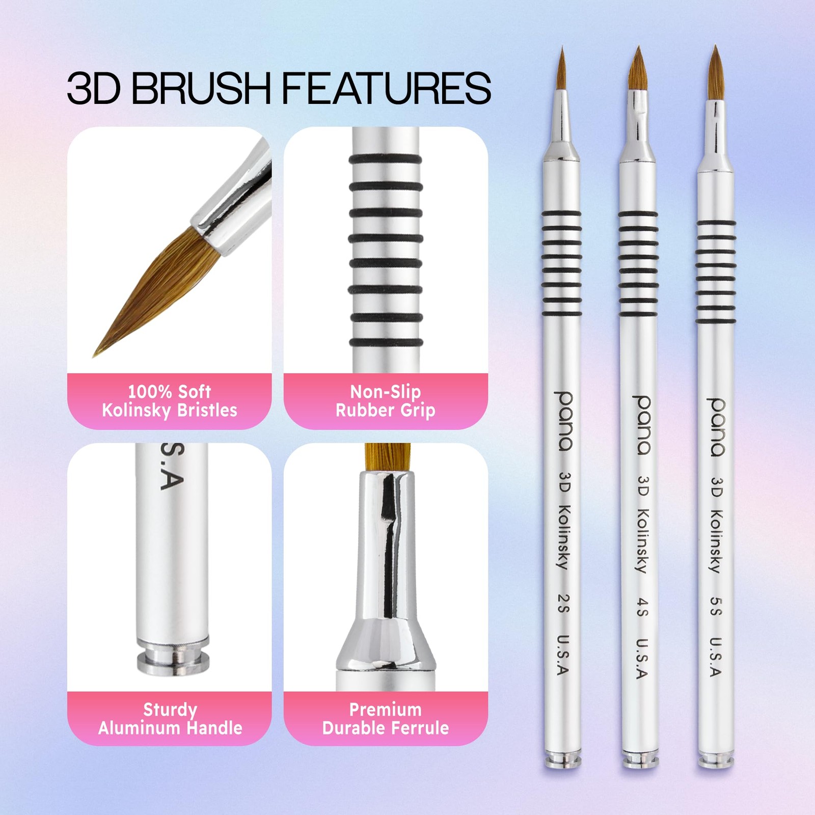 Size 5 Silver 3D Nail Art Brush with Kolinsky Bristles for Detailing