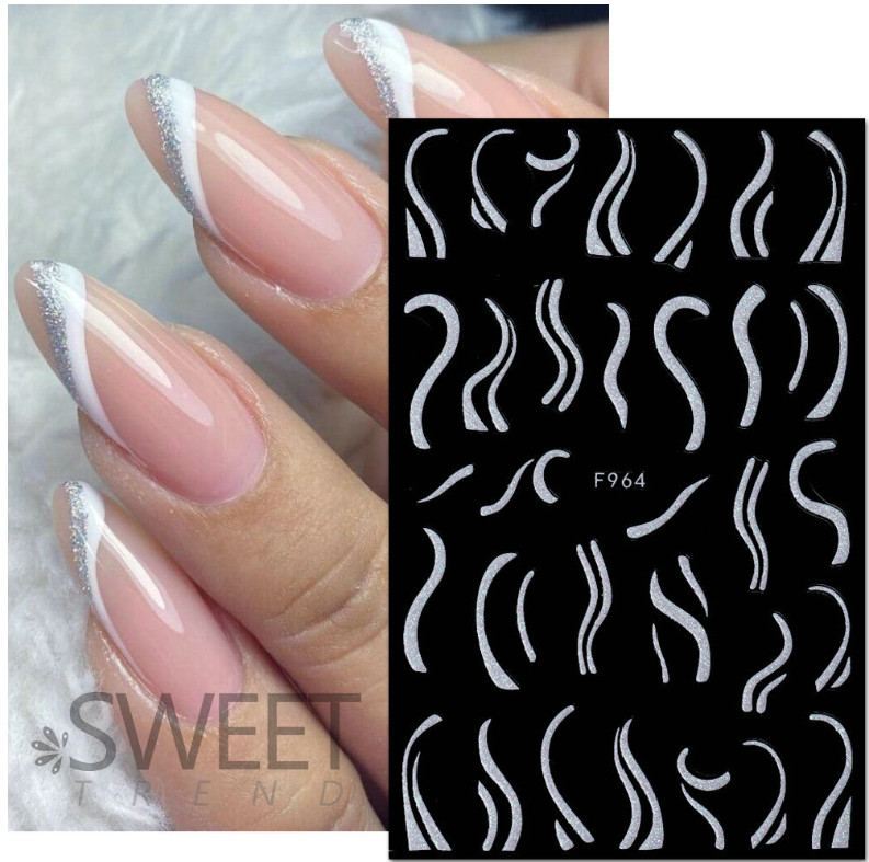 White Glitter 3D Nail Stickers Heart Star Butterfly French Transfer Decals NS52