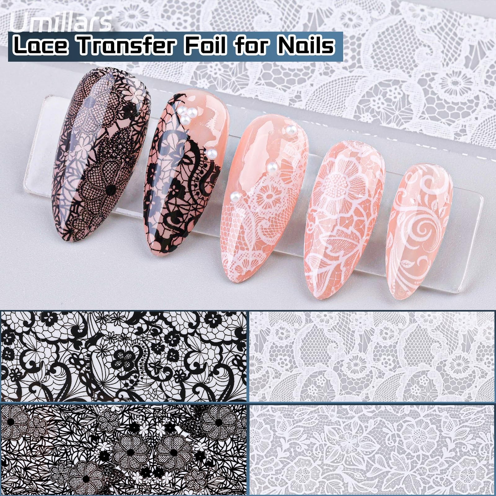 15 Rolls Black White Lace Nail Foil Transfer Stickers, Nail Lace Flowers Stic…