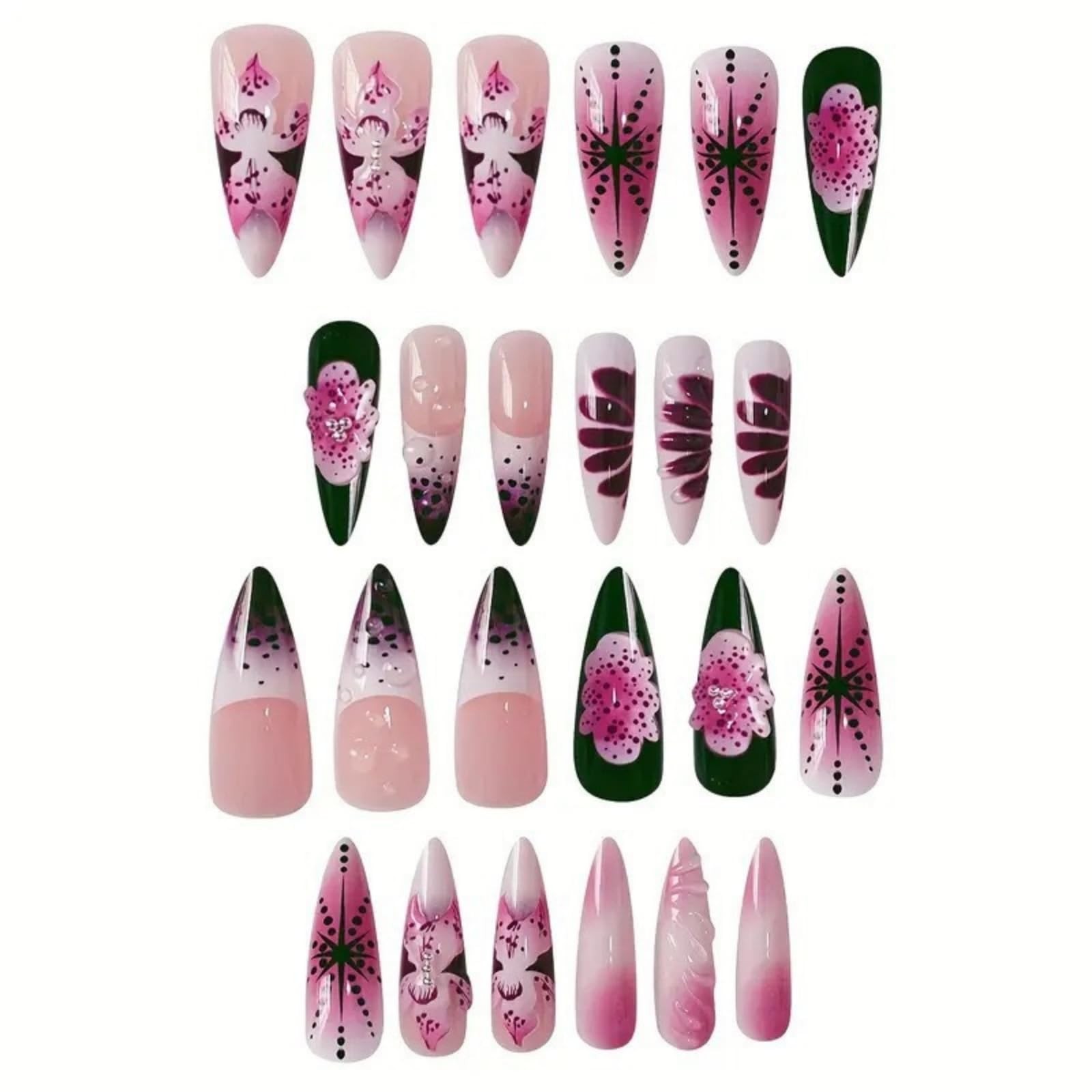 Long Press on Nails Almond Fake Nails Purple French Artificial Nail with 3D Flow