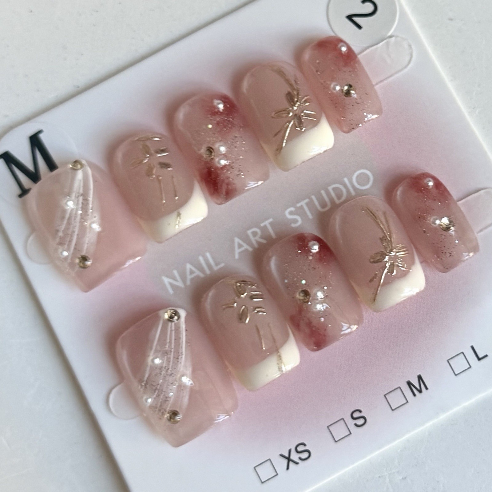 Handmade White French Tip Press-On Nails Short Square Size M Reusable Fake Nails