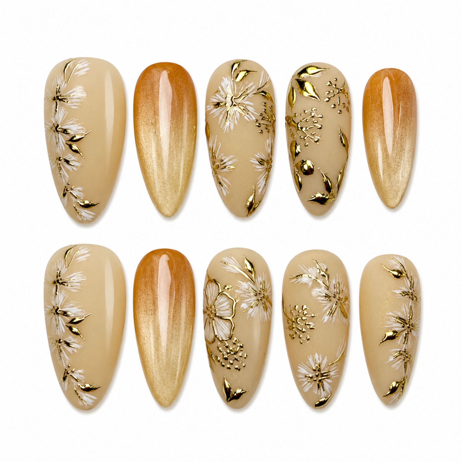 Handmade Nude Gold Floral Press On Nails White Flower Almond Set