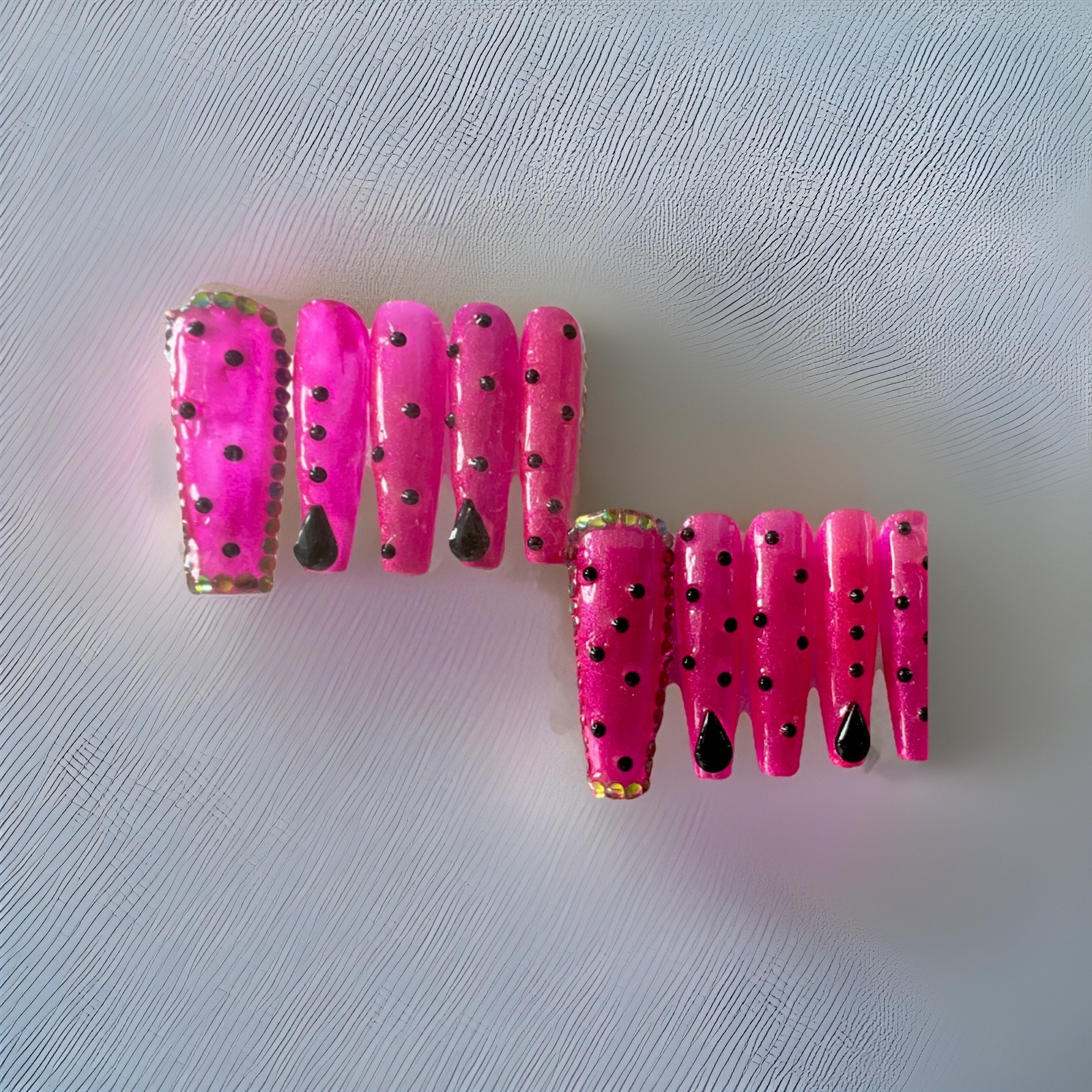 Handmade Press-On Nails Pink Black Shiny Coffin Long Full Cover Set- Medium