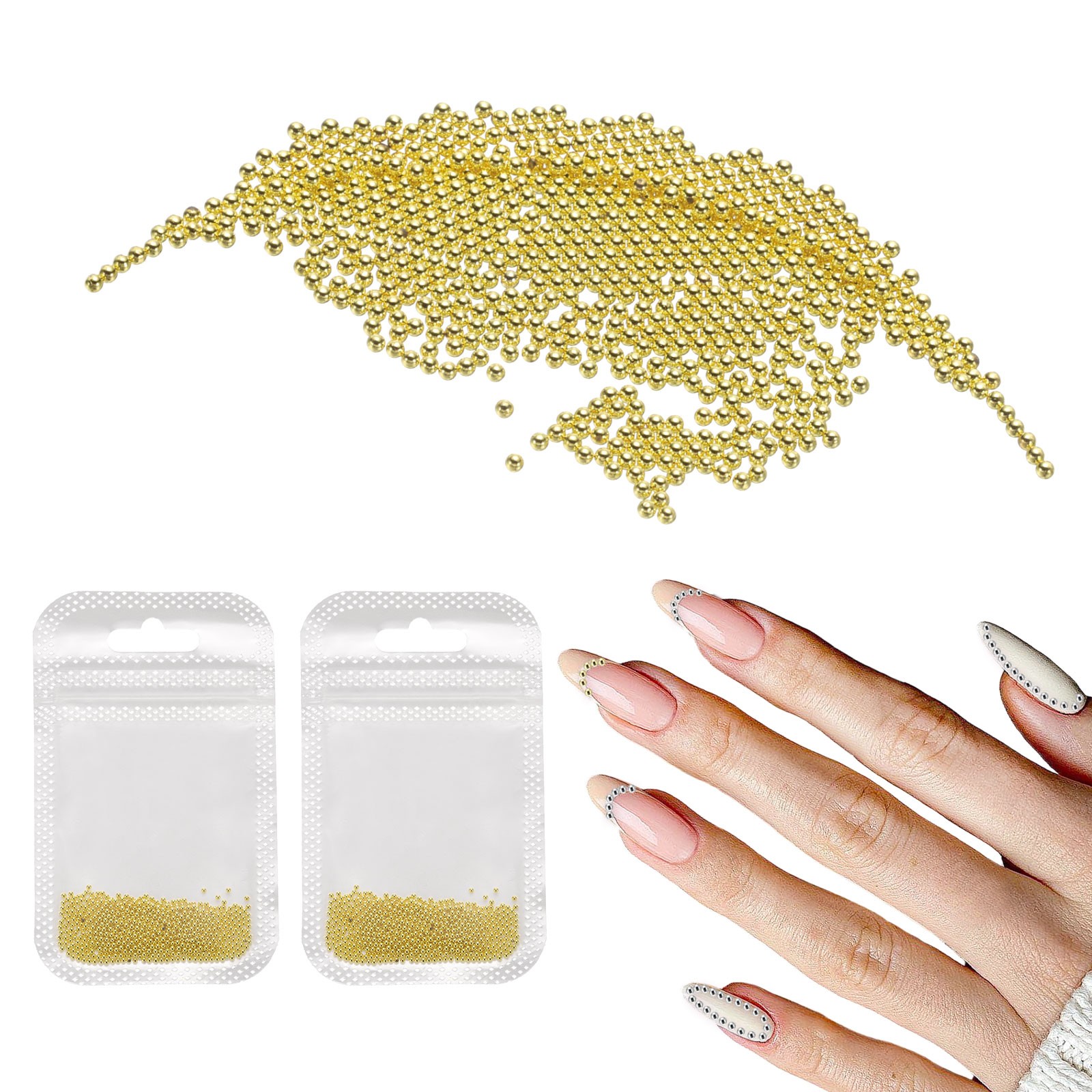 2pcs Nail Art Beads 0.05″ Mini Metal Caviar Nails Beads Ball with Bag Gold