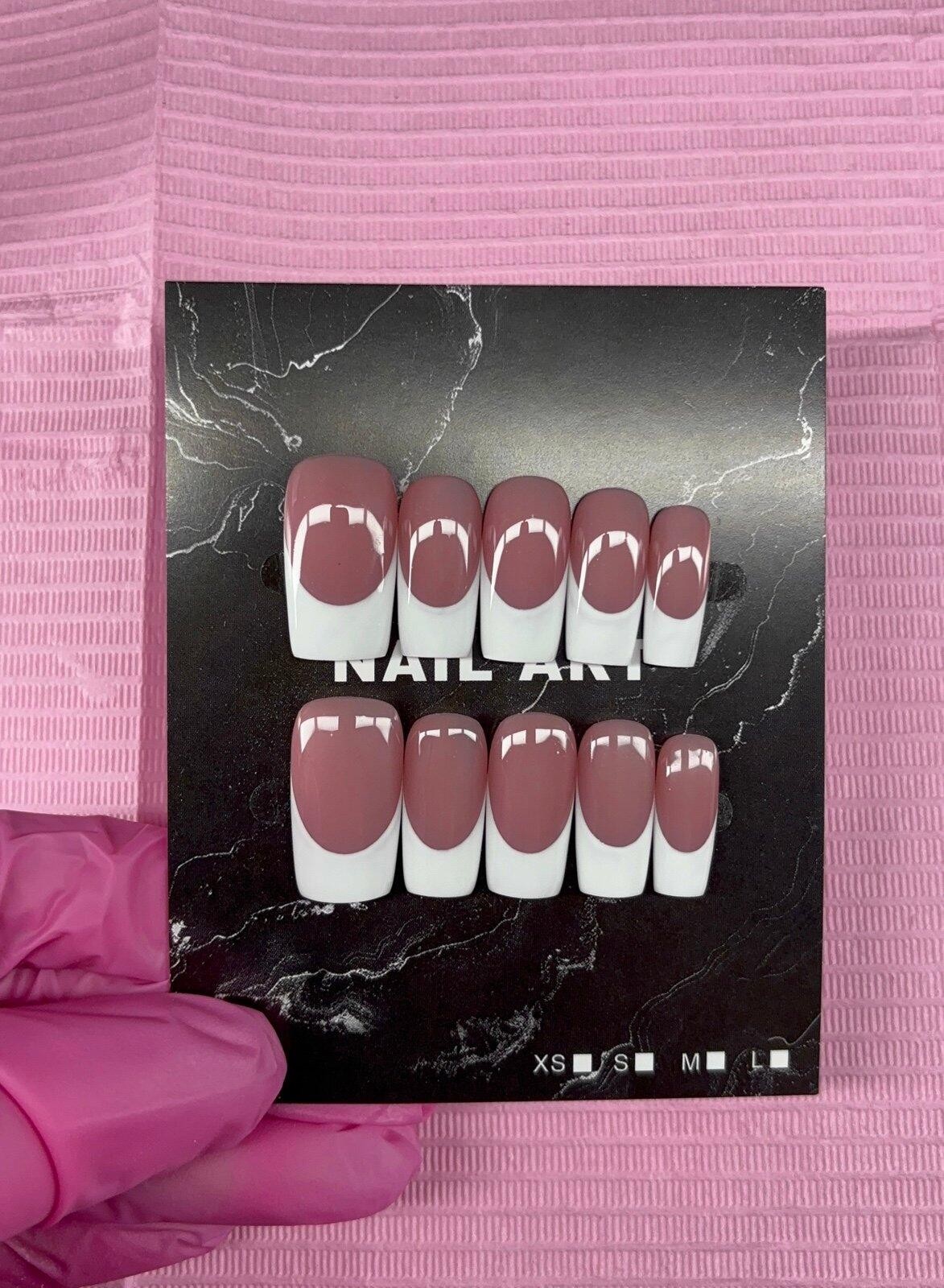 Medium square Press on nails white French tips nude gel