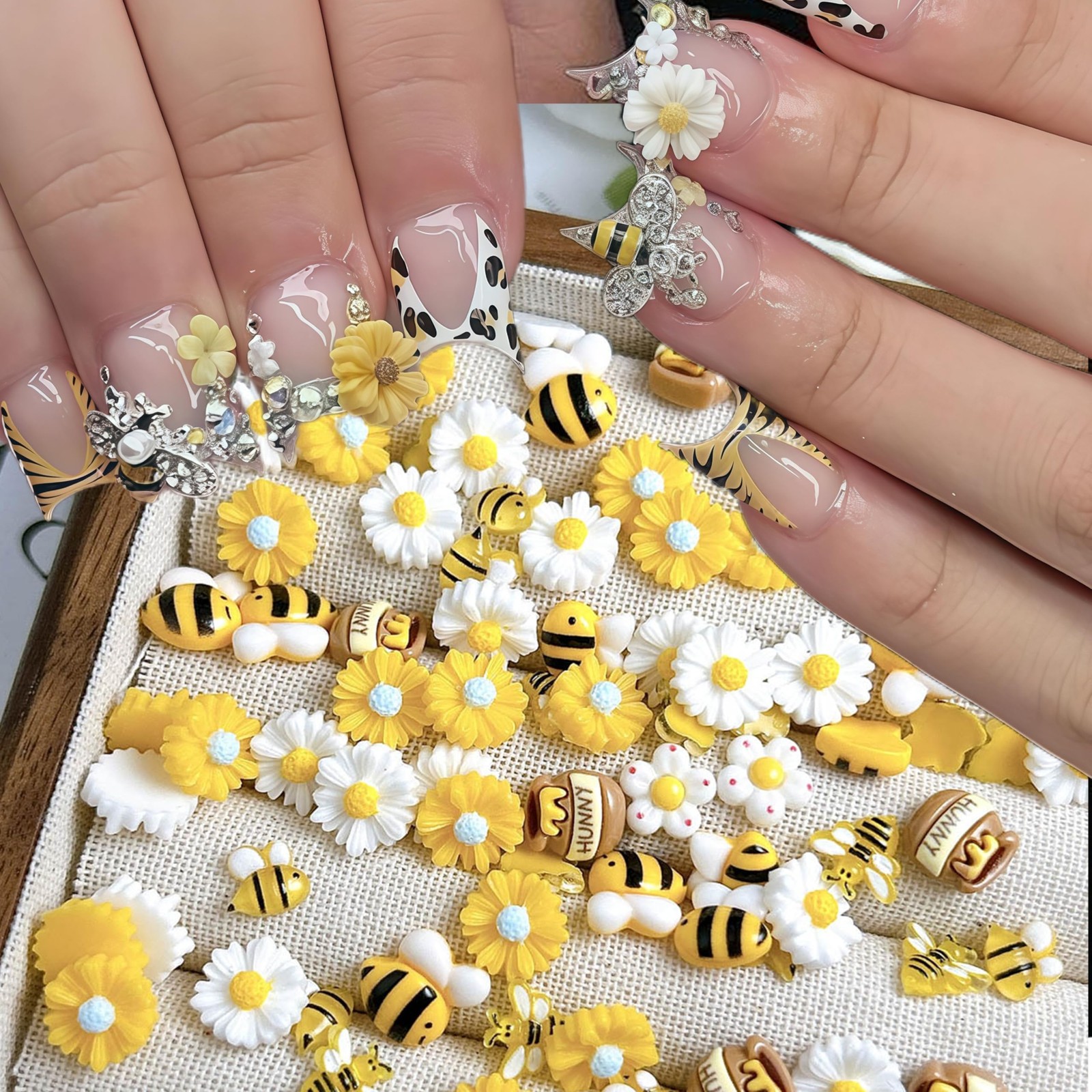 120Pcs Cartoon Bee Nail Charms for Nail Art Cute Flower Nail Charms Resin Bee…
