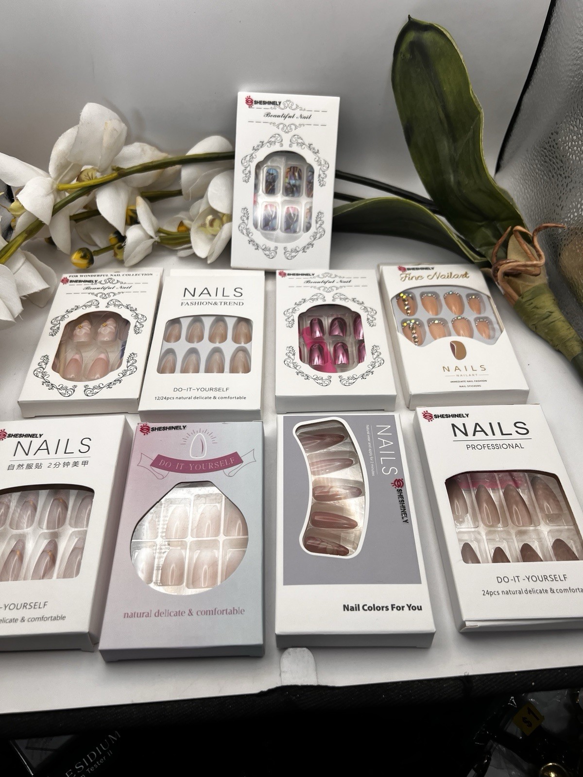 Lot Of 9 Boxes Of Press On Nails By Sheshinely New Sealed Almond Pinks Nudes