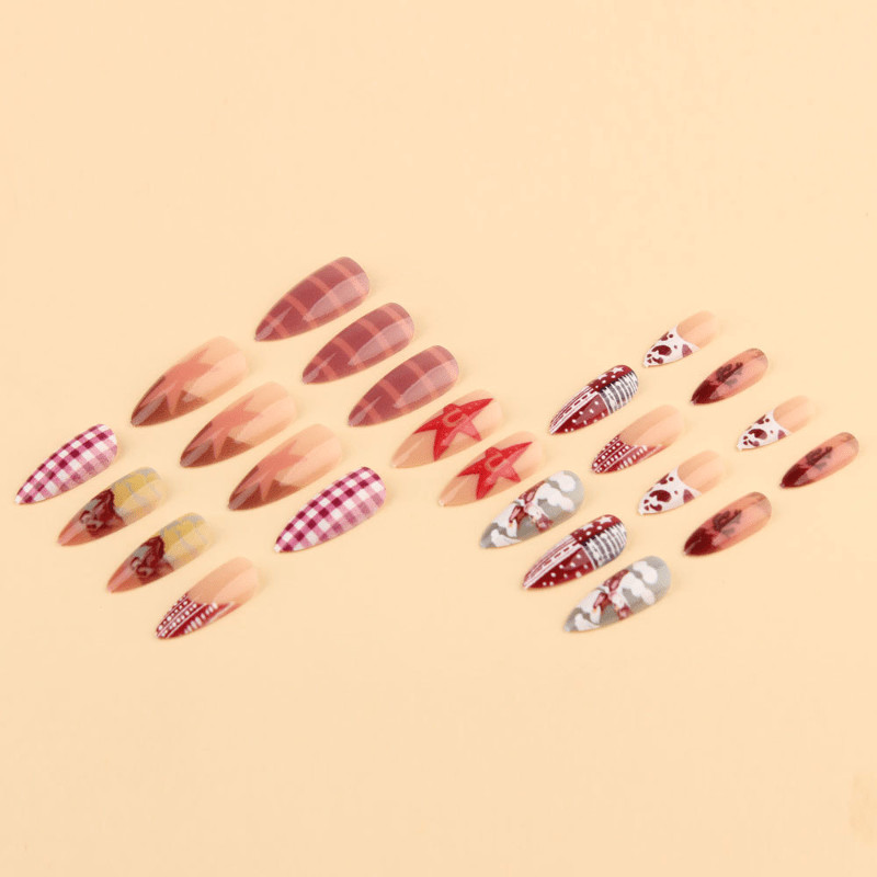 48Pcs-Long Almond Western Cowboy Plaid Star Cow Print Fake Press on Nails Set