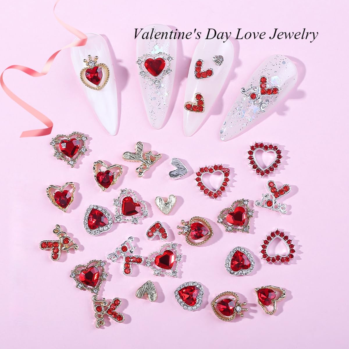 Valentines Nail Charms 22PCS Heart Rhinestone Nail Art Decorations