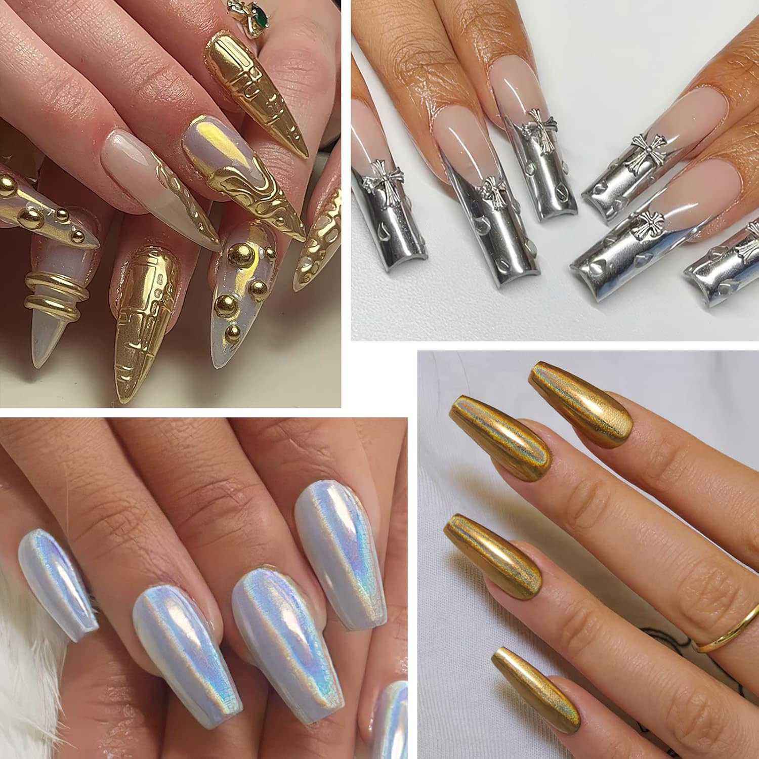 Gold Silver Chrome Nail Powder, 6 Colors Holographic Unicorn Iridescent Nail Chr