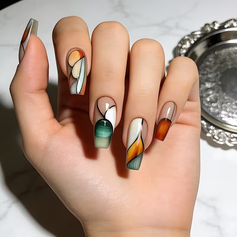 24 Colorful Press On Nails, Geometric Pattern, Glossy, Long, Ballet style