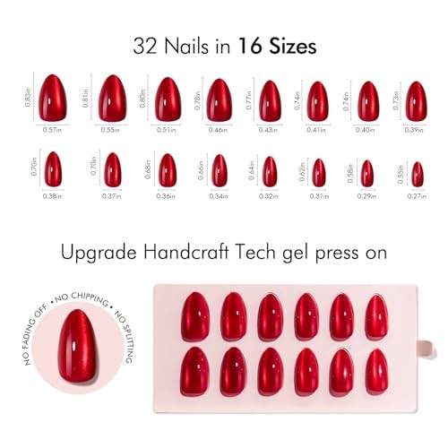 Short Almond Press on Nails – Red Cat Eye Glossy Fake Nails, A2-Pulse red