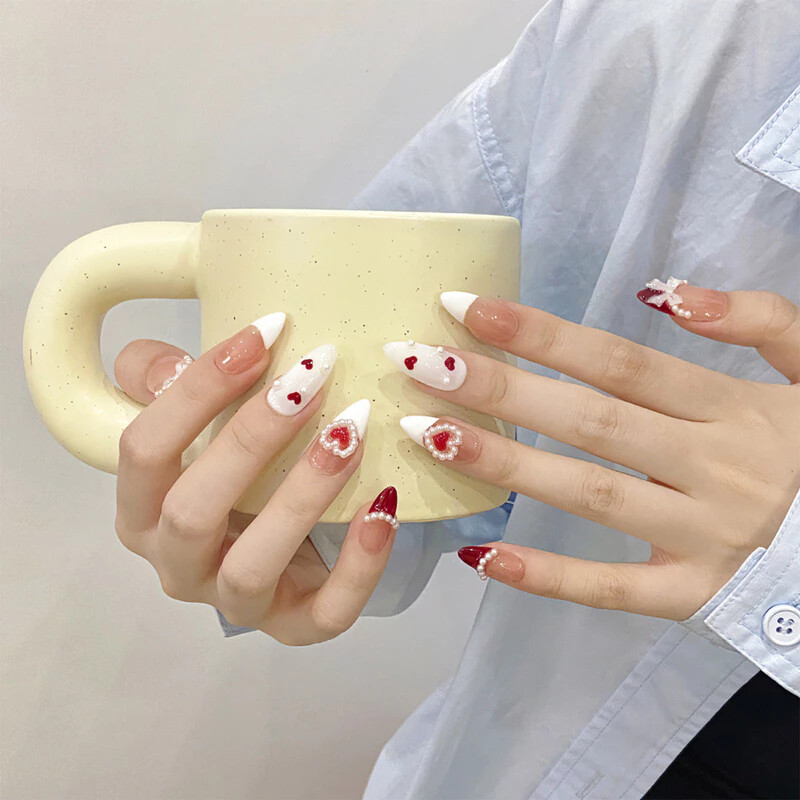 Handmade French ‌Red Heart 3D Bow Pearl False Nail Medium Almond Press On Nail