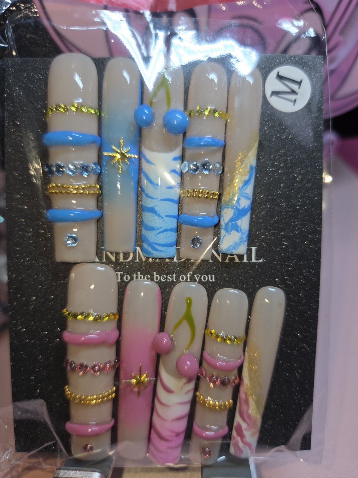 Press On Nails Handmade Medium 3x Pink blue. Y2k Bangle French tip cherries