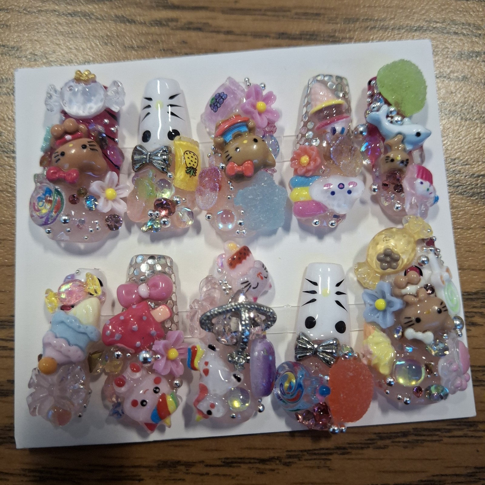 Hand Made, Special Occasion, “Hello Kitty Sweet Shop” Junk Nails. Sized Medium.