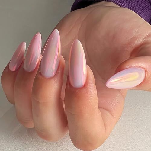 Chrome Press on Nails Almond, Medium Length Glazed Unicorn Nails Pastel Pink