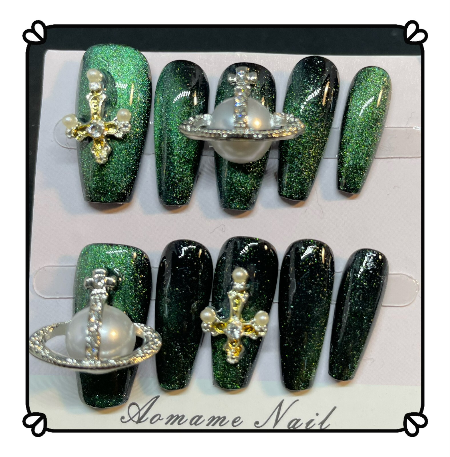5D Green Satellite Coffin Press On Nail, Fashion Design, Luxury Nail Art, Size S