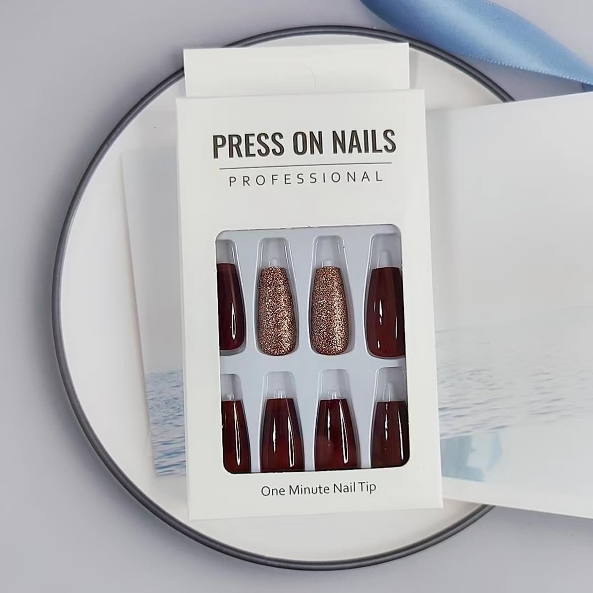 24Pcs Dark Wine Red Press on Nails Long Fake Nails Elegant Wine Red Gradient Des