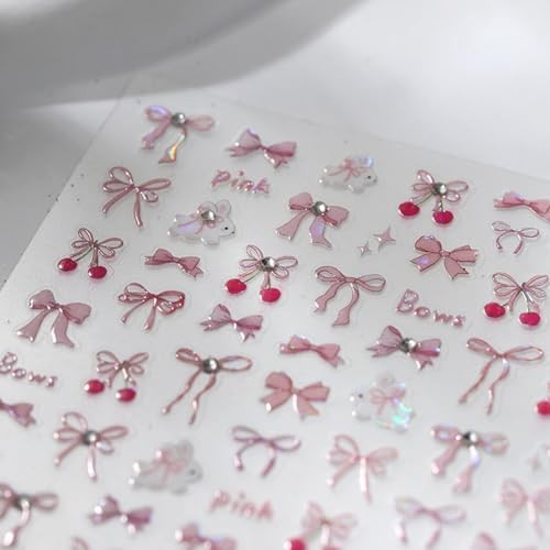 Bow Nail Art Stickers 3D Self-Adhesive Glitter Pink Bows Nail Glitter Bow Style