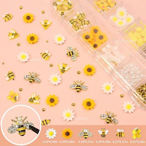 12 Grids Tiny Bee Nail Art Charms Resin Cartoon Daisy Flower Nail Gems yellow