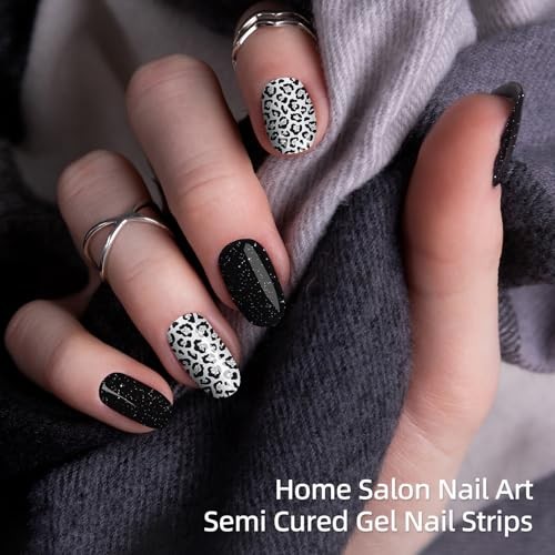 Semi Cured Gel Nail Strips | 28 pcs Gel Nails Strips Long D Black Leopard Print