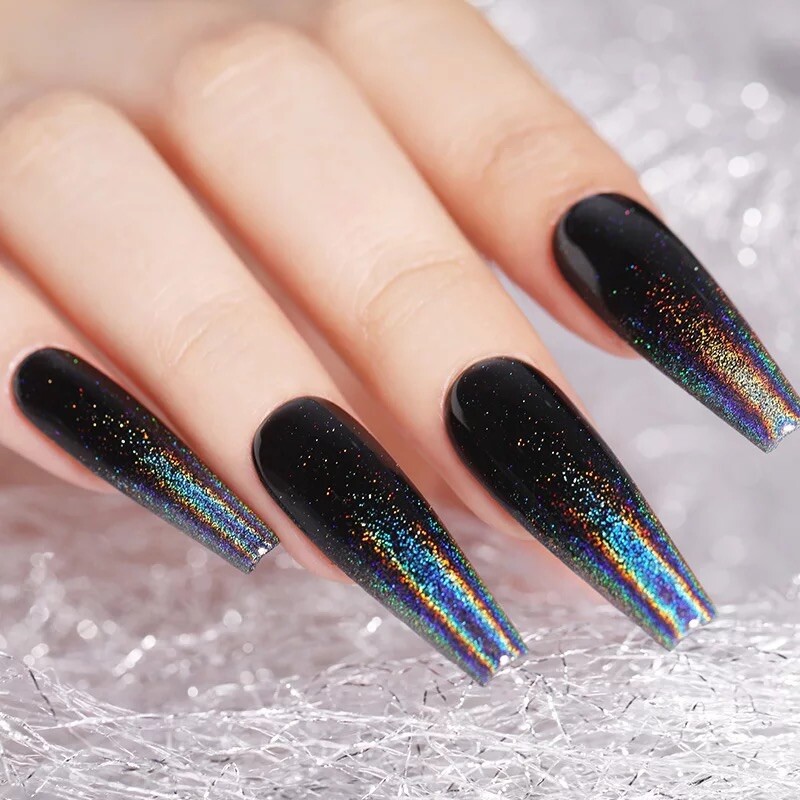 Black Holographic Shiny Nail Powder Unicorn Chrome Rainbow Effect Shimmer Nails