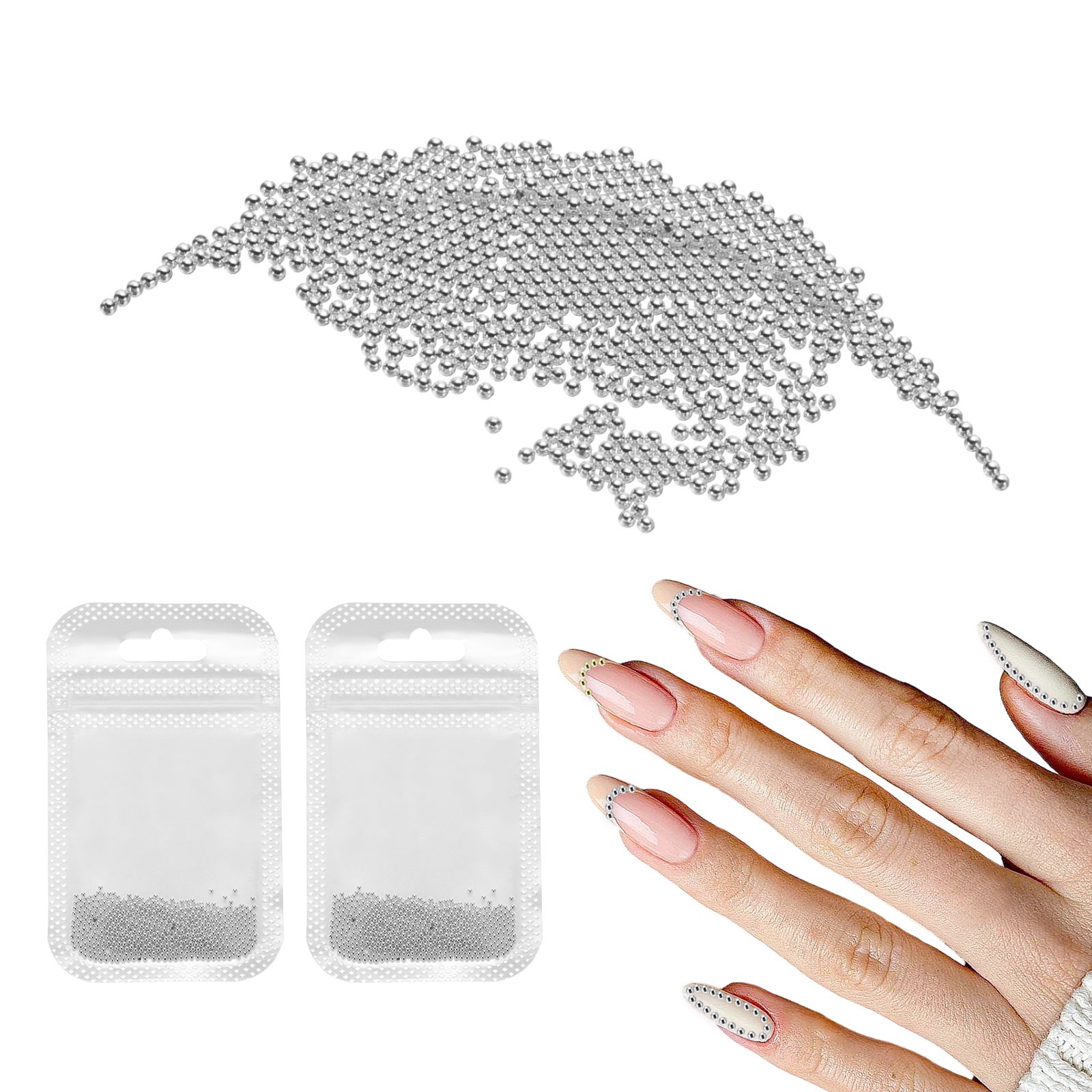 2pcs Nail Art Beads 0.05″ Mini Metal Caviar Nails Beads Ball with Bag, Silver