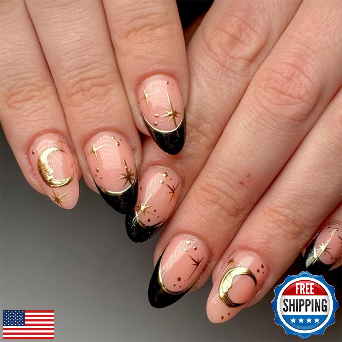 24Pcs Black French Tip Press on Nails Medium Almond Fake Nails with Stars Moon