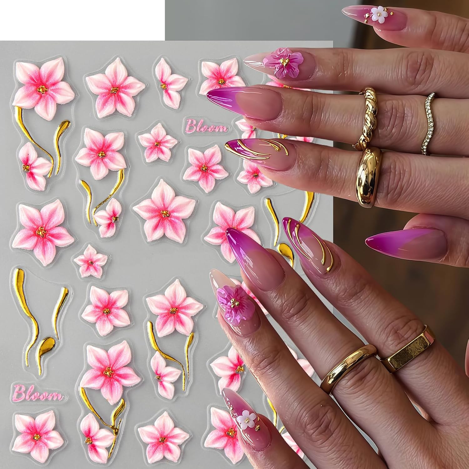3Sheets Flower Nail Art Stickers Decals 5D Embossed Hibiscus Nail Stickers Lily