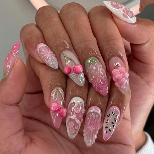 Handmade 3D Fruit Colour Press On Nails Medium Almond, 24Ps (Pack of 1) LF-3536