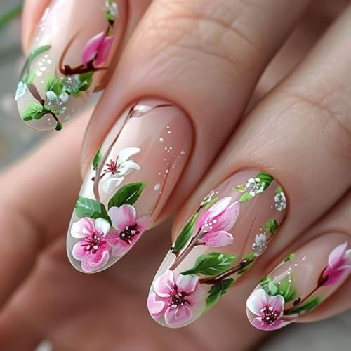 24Pcs Almond Shaped Press on Nails Flower Fake Nails Medium Length Glue on