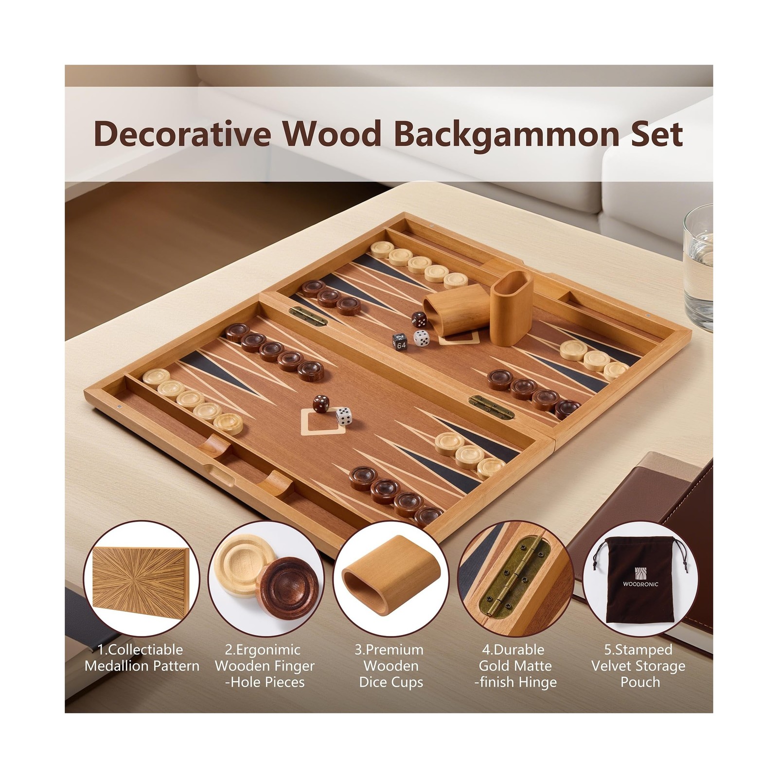 Wooden Backgammon Set for Adults – 19 Inch Classic Board Game Case – Premi